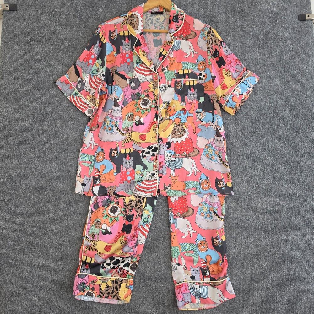Karen Mabon Pajama Set Womens Small Fancy Dress Cat Print Satin Lounge Fun Cozy